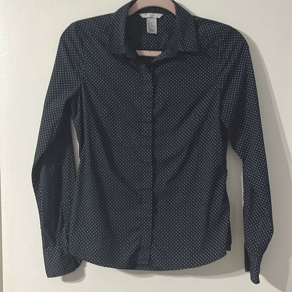 H&M Button-down Blouse Navy Polka Dots Size 6  / Small - Picture 1 of 3